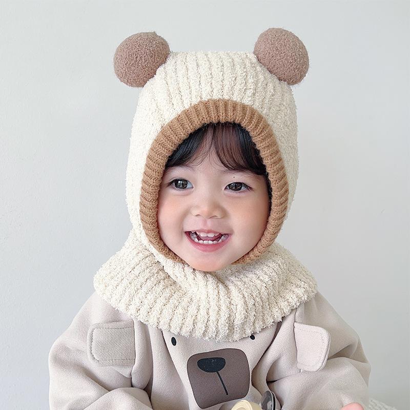 Children's hat and scarf integrated autumn and winter baby windproof and warm plush hat cute double ball boys and girls ear hat