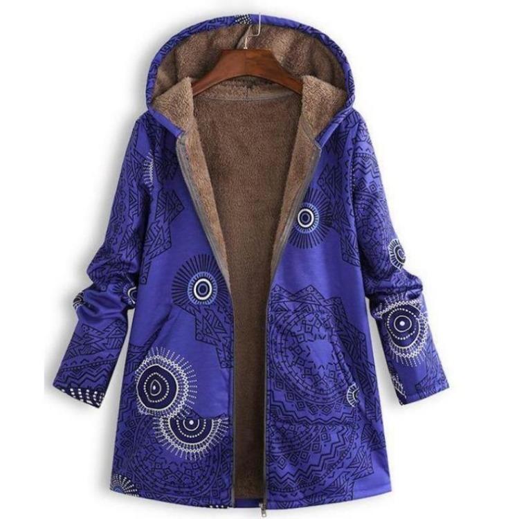 Vintage Floral Fleece Jacket for Women Warm Hooded Long Sleeve Coat with Pockets Casual Fashion Zipper Outerwear