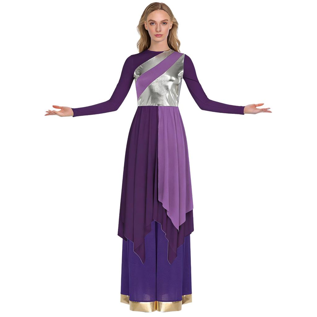 Dames Lyrische Dans Kostuum Set S-XXL: Jurk met Lange Mouwen, Metallic Contrastkleur, Onregelmatige Zoom & Wijde Broek voor Kerkdienst, Dans