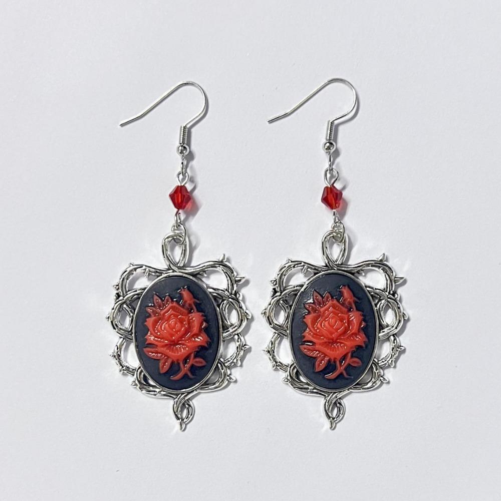 Gothic Silver Color Oval-shaped Thorny Frame Red Rose Flower Relief Dangle Earrings for Women Halloween Party Punk Jewelry Gifts