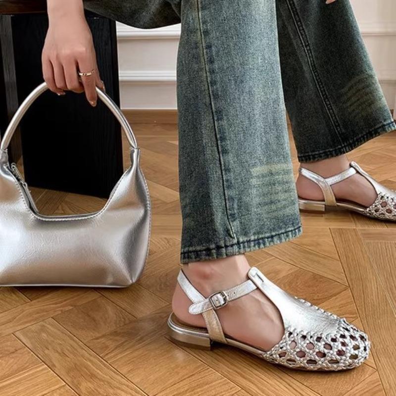 Retro woven bag head hollow T-belt low-heeled sandals women's new summer comfort, sandals women's