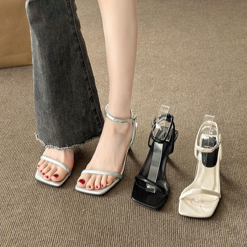 One Word with Black High Heels, Female Stiletto Stepping On Shit, White Fairy Style Sandals Square Head 2025 Summer and Autumn New Models