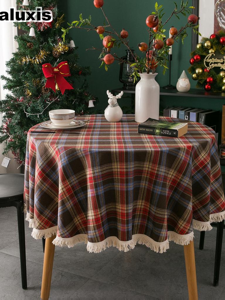Christmas Plaid Striped Tassel Tablecloth Classic Red Green American Vintage Luxury Party Decoration