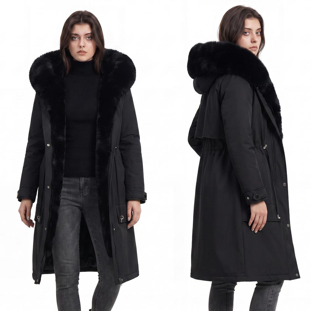 Large size double-sided pie overcomes women's hooded medium and long winter new cotton-padded jacket with velvet cotton-padded jacket