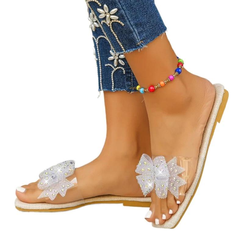 Fashion Ladies Shoes 2025 Summer Open Toe Women’s Slippers Bow Tie Crystal Square Toe Low Heel Slippers for Daily Plus Size Dress Sandal