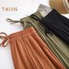 Women Cropped Pants Elastic High Waist Adjustable Drawstring Culottes Solid Color Wide Leg Casual Pants Daily Wear