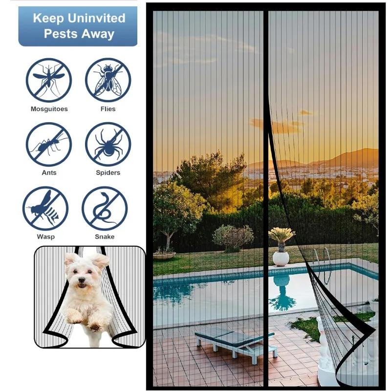 Magnetic Screen Door Mesh Curtain Mosquito Net Bug Hands Free Partition Mute Striped Door Curtain Bedroom Ventilation