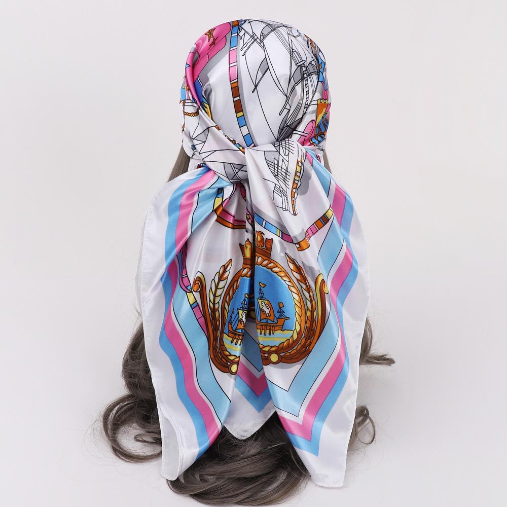 90x90CM Imitation Silk Square Scarf – Women's Striped Color Block Shawl, European & American Style