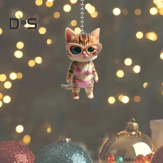 Kitten Pendant 2D Flat Acrylic Cartoon Cat Ornament Bikini Kitten with Sunglasses Keychain Pendant Christmas Tree Decor Gift for Cat Lovers