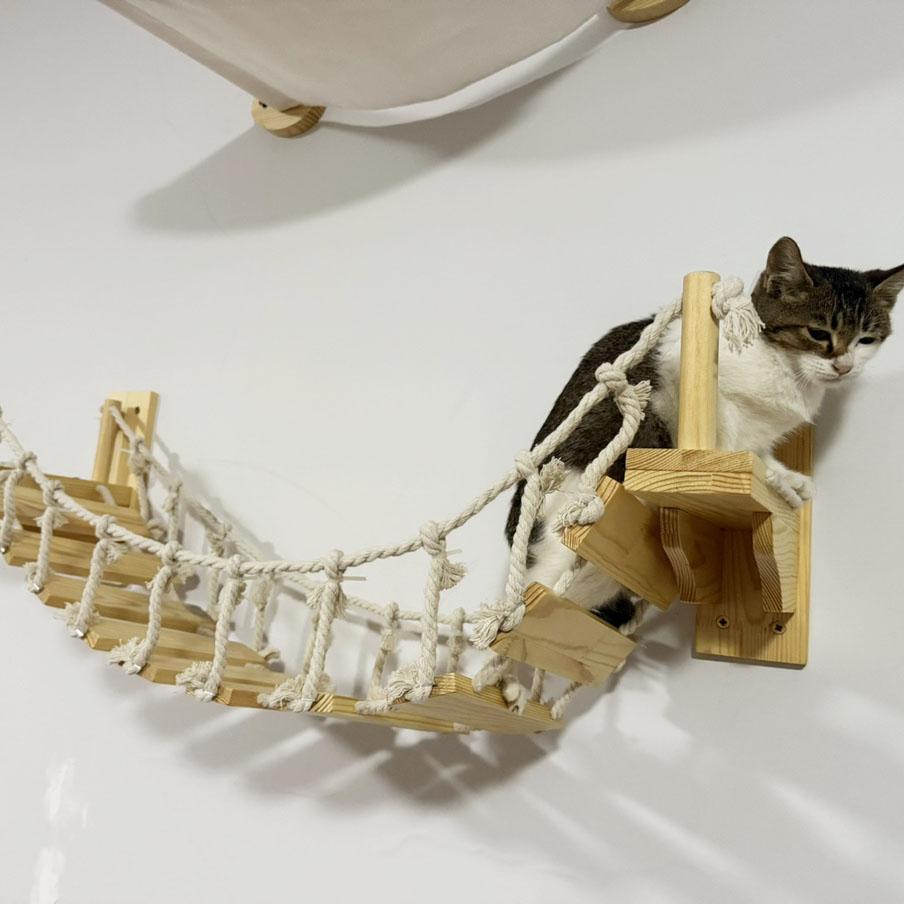 Cat Solid Wooden Suspension Bridge Wall Mounted Sisal Cat Climbing Ladder Treads For Cats to Move and Play