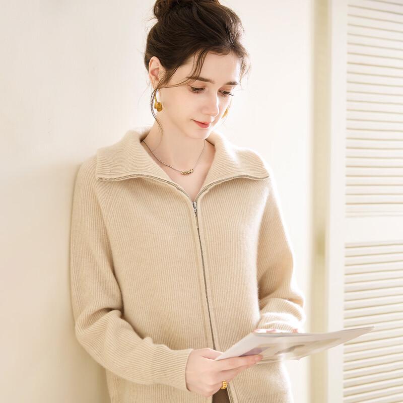 TUHUANG Women's Thick Pure Cashmere Stand Collar Cardigan