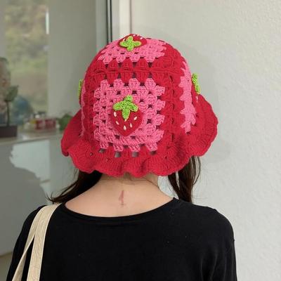 Women's Bohemian Handmade Crochet Strawberry - Patterned Fisherman Hat with Hollow Ruffled Edge Breathable and Foldable for Hip