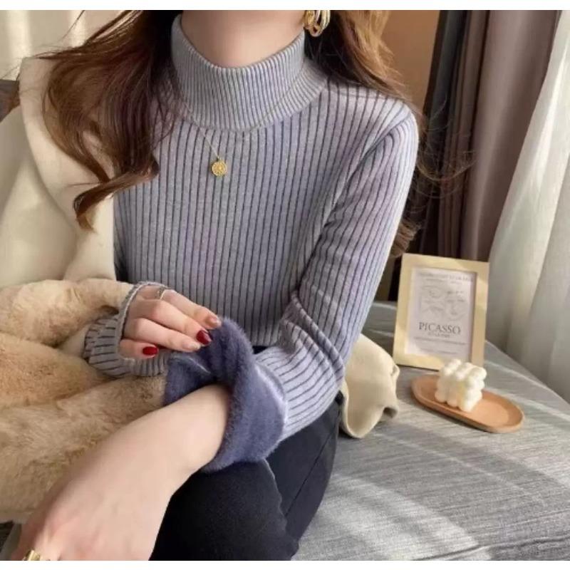 One-piece Fleece Thickened Semi-turtleneck Sweater Female Slim Primer Autumn and Winter New Thickened Fleece Knitted Sweater Solid Color Inner