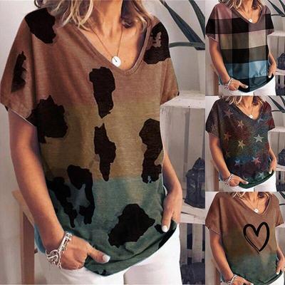 Fashion Spring  Love Print Blouses Short Sleeved V-Neck T Shirts Casual