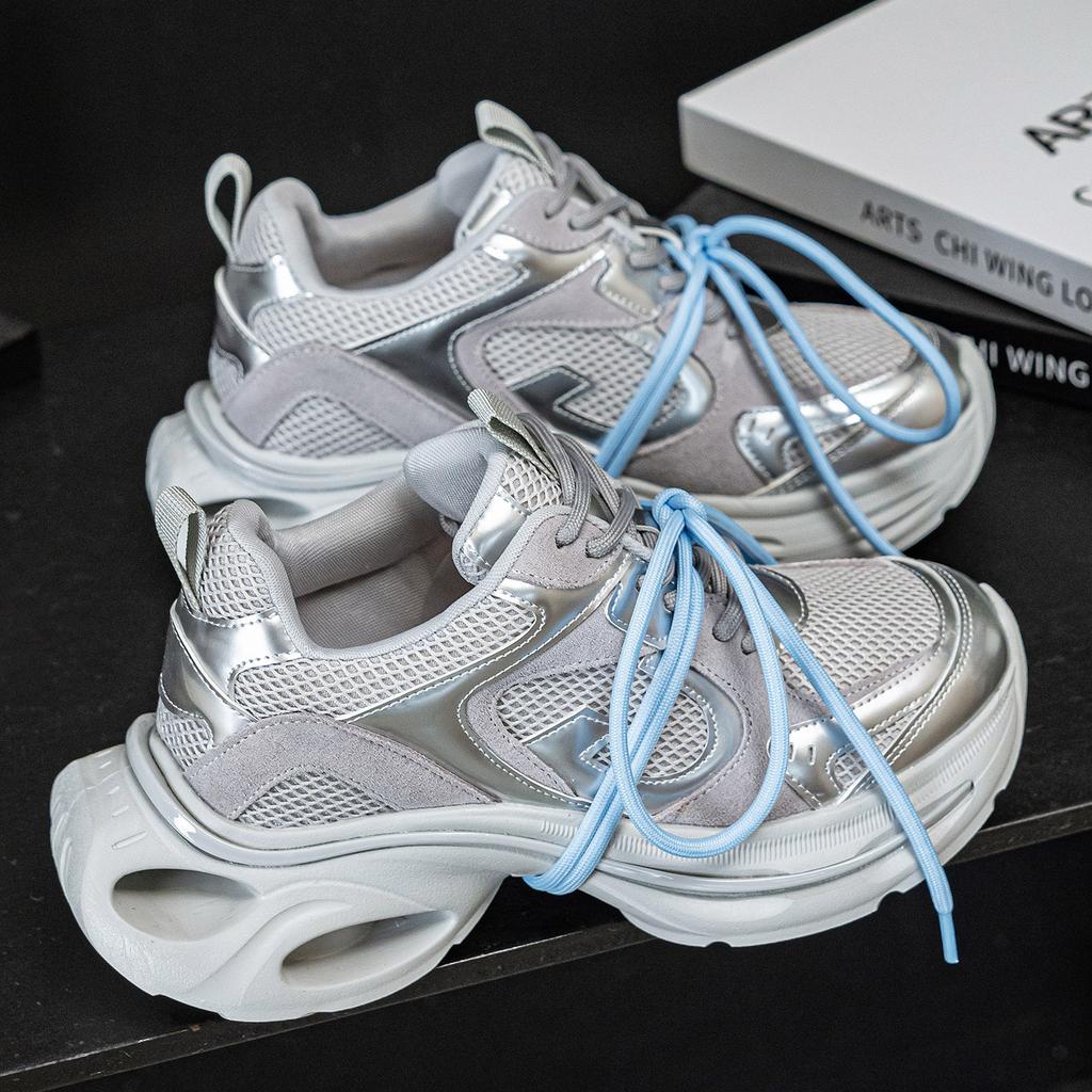 2025 Spring New Retro Trend Thick-soled Heightening Dad Shoes Women's Interstellar Travel Silver Sneakers Women's Shoes