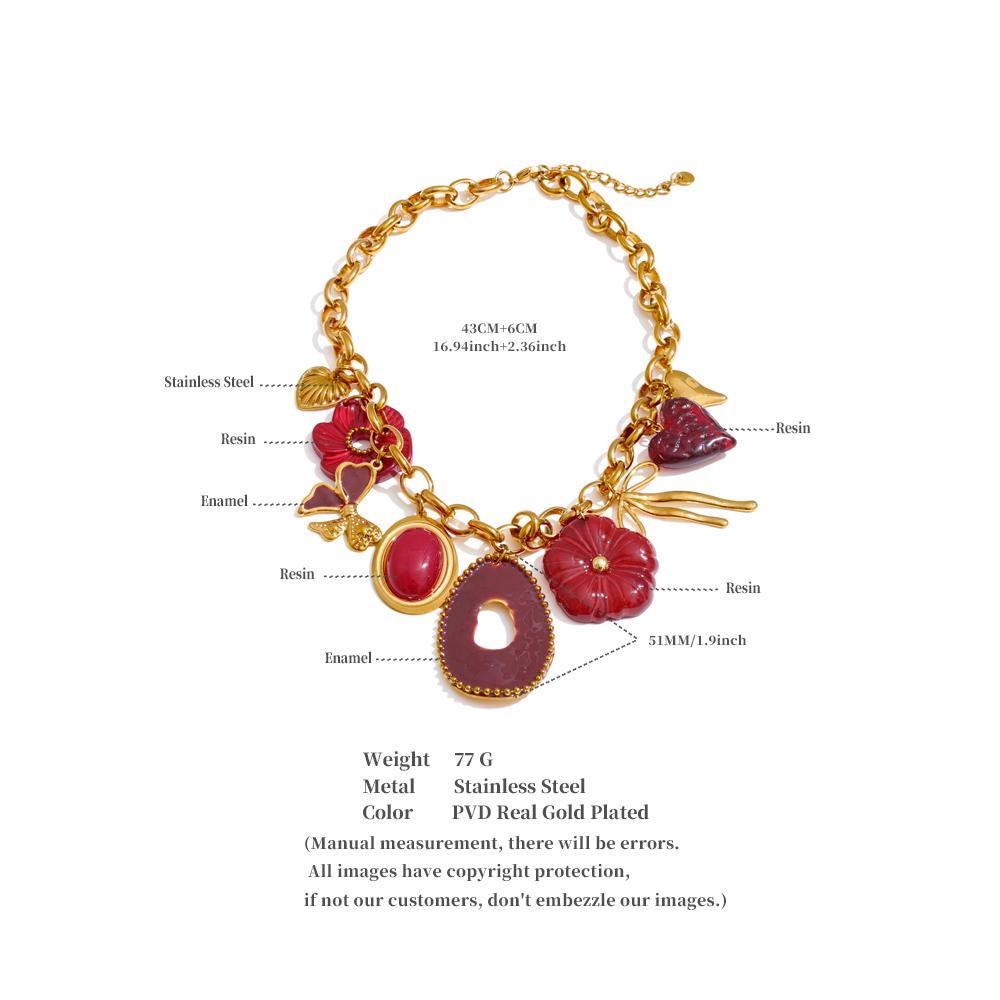 Eetit Red Resin Flower Charm Pendant Necklace 18K Golden PVD Plated Stainless Steel Statement New Arrivals Collar Jewelry 2025