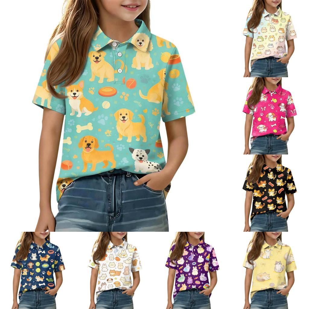 Kids Casual Short Sleeve Polo Shirt Animal Pattern Printed Lightweight Comfortable Breathable Tee Top for Everyday Wear