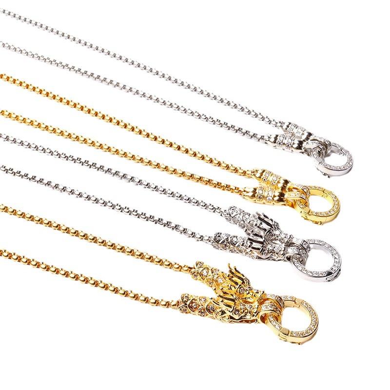 18K vergoldete Drachenkopf-Amulett-Halskette mit mikrogefassten Diamanten - Unisex-Mode