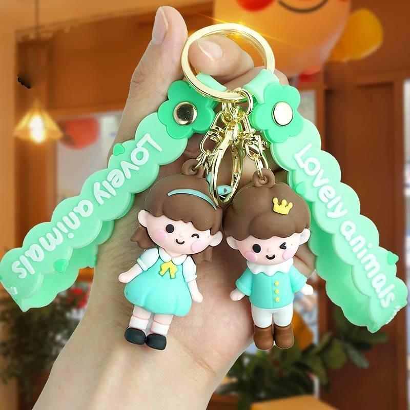 Charming Braided Girl Keychain Boy Girl Figurine Couple Creative Cartoon Rubber Key Ring Bag Charm