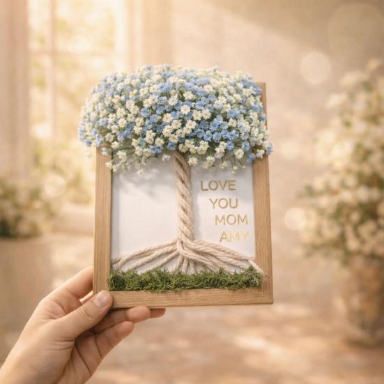 Dřevěný DIY fotorámeček s umělým kyticí gypsophily pro obývací pokoj, ložnici, kancelář, domácí dekoraci stolu, dárky ke Dni matek pro maminku, ženy