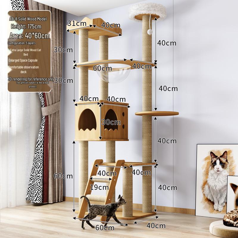 Solid Wood Large Cat Tree with Space Capsule and Jumping Platform