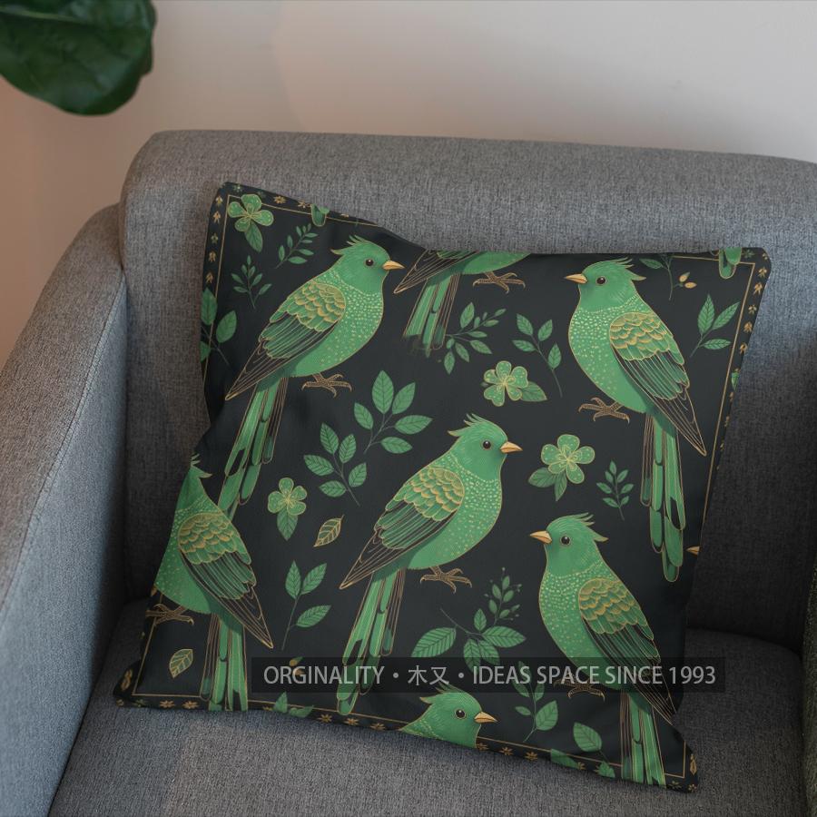 2D Green Birds & Gold Scrolls Patterned Pillow Pattern Cushion Cover Suitable For Sofa Bedroom Car Pillow Cover