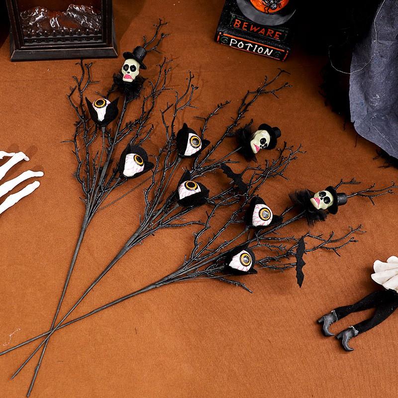 Halloween Decorations Set - Plastic Eyeball Skull Maple Leaf Rose Stem Bouquet Accessories Home Party Table Centerpiece