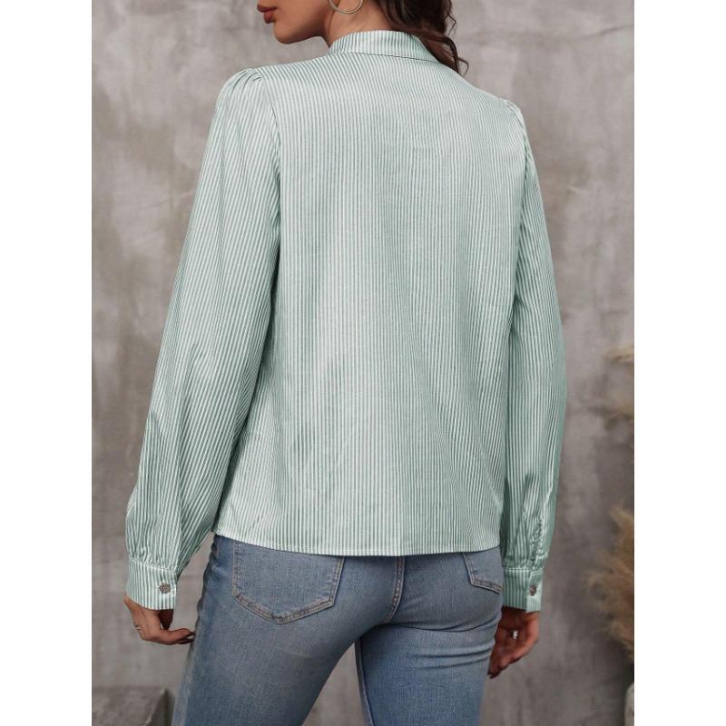 Spring and Autumn New Fashion Women's Stand Collar Tie Button Striped Long Sleeve Shirt