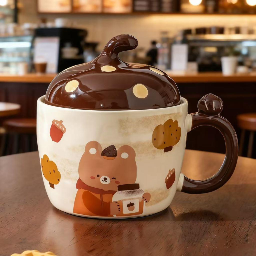 Cute bear mug cute shape nut ceramic cover cup high value large capacity cartoon water cup set