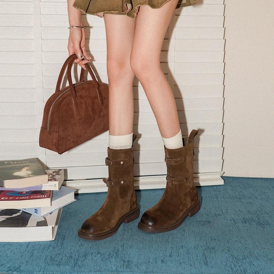 Leather Version~ Retro Polished Belt Buckle Western Cowboy Boots Slim Short Boots Women's Maillard Martin Boots Locomotive Boots