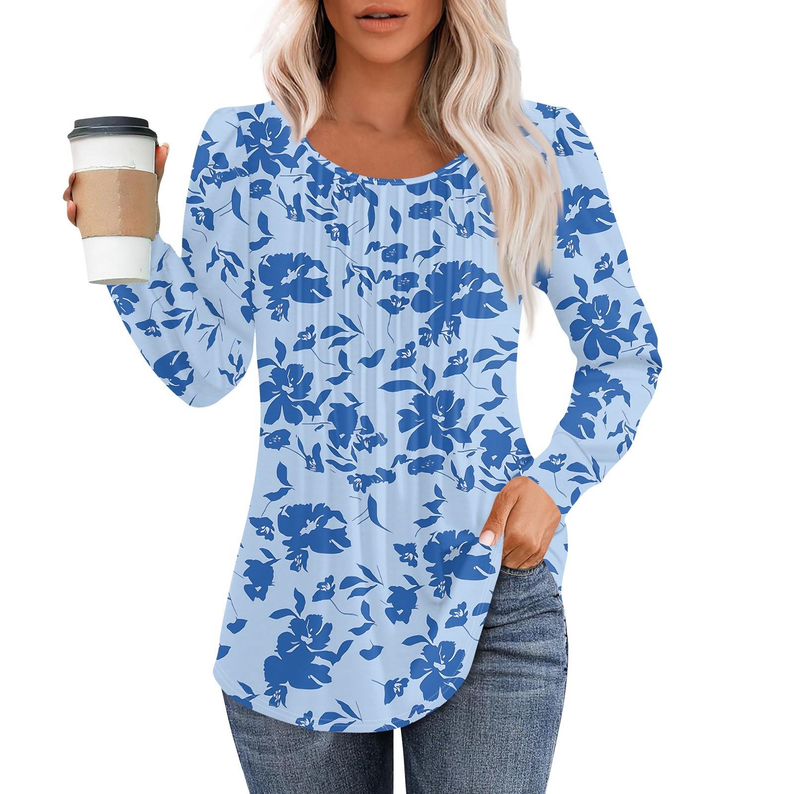 

Рубашки с длинным рукавом для женщин, топы, нарядные повседневные блузки, плиссированные топы-туники с круглым вырезом L