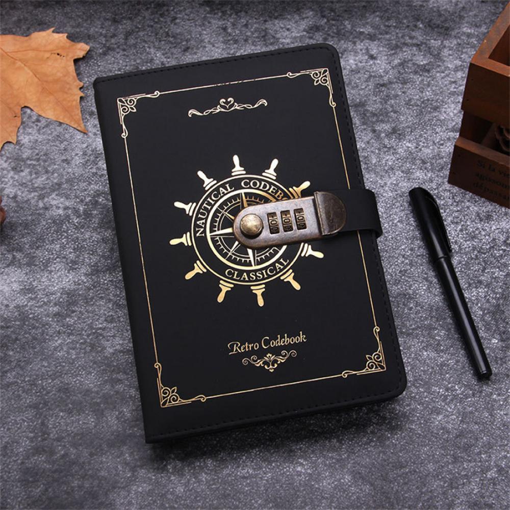 Black Pu Leather+Paper Notebook With Code Lock 215X145Mm Retro Diary Note Book