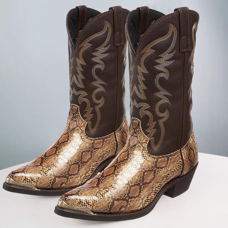 Fashion Handmade Men's Boots Snake Pattern Design Cowboy Boots High Quality Pointed Patent Leather Mid-calf Boots Plus Size38-48