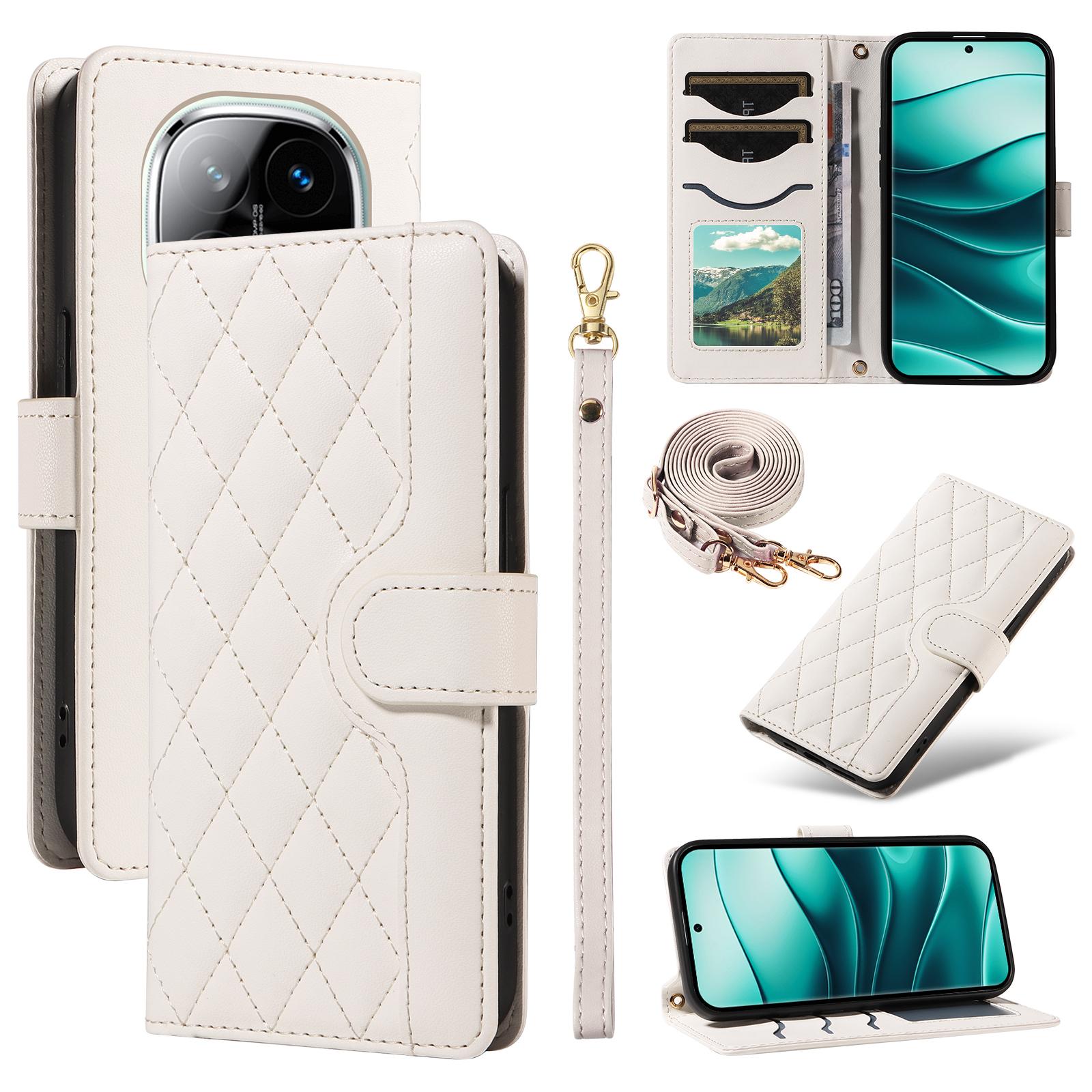

Для Xiaomi Redmi Note 14 Pro+ 5G/Note 14 Pro 5G/Poco X7 5G Чехол-кошелек Ромбовидный Кожаный чехол для телефона с плечевым ремнем, ремешком на запястье White