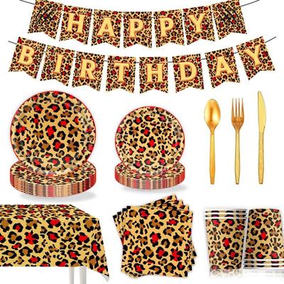 96PCS Happy Birthday Banner Cheetah Print Birthday Decorations Tablecloth Thicken Tableware Set Napkin Leak-proof
