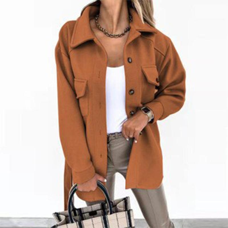 Autumn/Winter Women's Long Sleeve Temperament Solid Color Polo Button Lace Up Woolen Coat