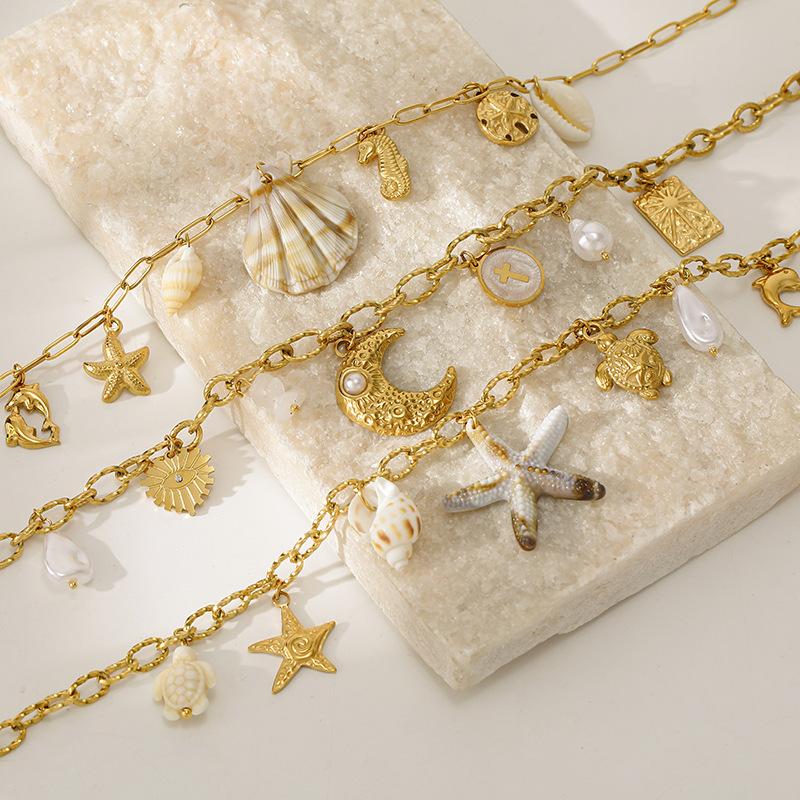 European and American fashion ocean style multi-element necklace shell starfish pendant light luxury niche stainless steel necklace women's necklace