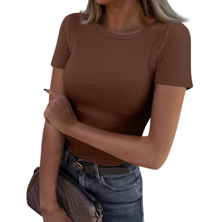 Fashion Ladies Slim Fit T-Shirt Casual Short Sleeve Round Neck Solid Color Pullover Top
