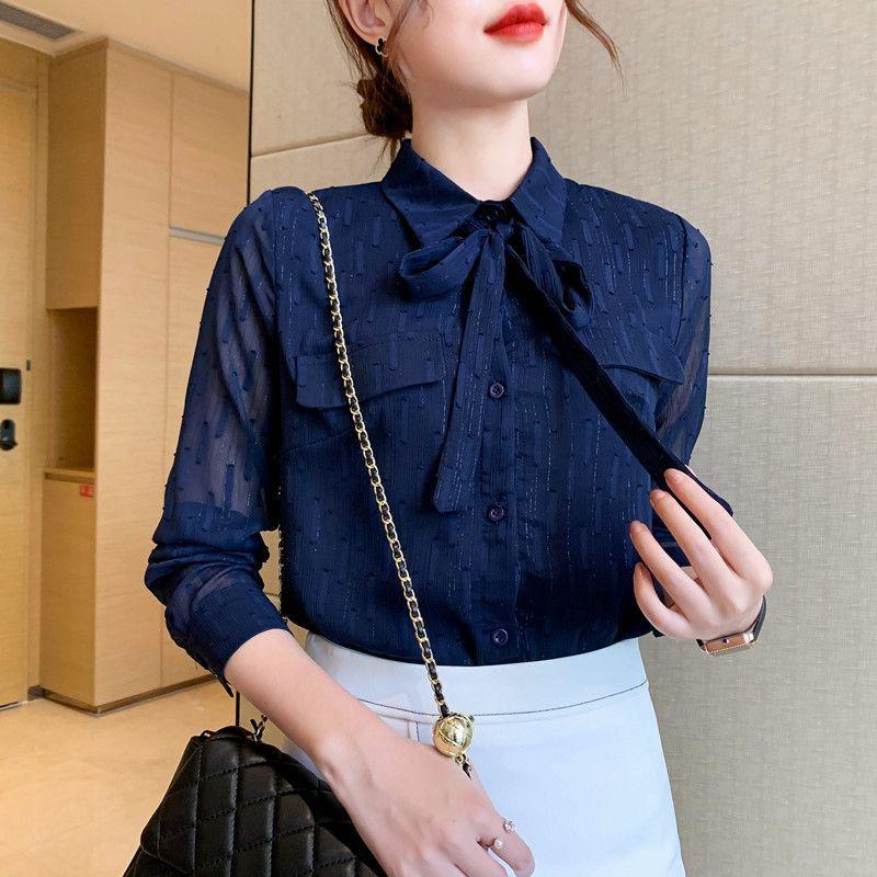 Bow-tie chiffon women's long-sleeve shirt, 2026 new model, spring and autumn blue blouse