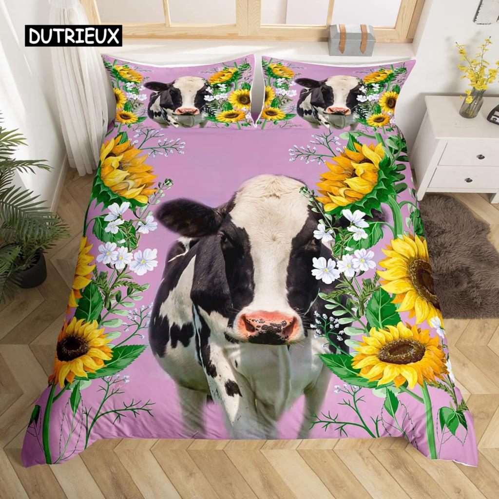 Cow Duvet Cover Set King Microfiber Milk Cow as well as Yellow Sunflower Print Comforter Cover Cute Animal as well as Floral Theme Bedding Set