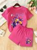 Summer Kpop Popular Cartoon Print Children Clothing Short Sleeve Shorts Set Featuring Casual Harajuku Children Clothes Girl Set