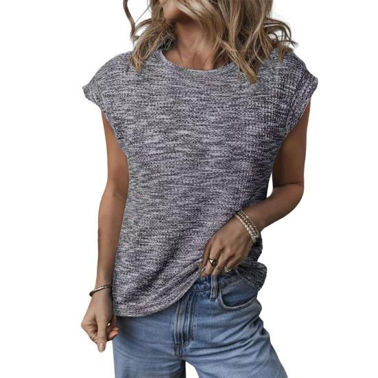 Women Tops Round Neck Short Sleeves Waffle Texture T-shirt Pure Color Loose Fit Knitted