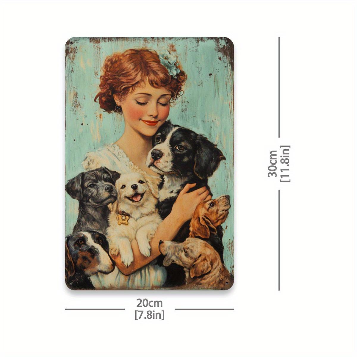 Большой Винтажный Знак Металлическое Настенное Искусство  Леди и Ее Щенки  - Бирюзовая Ретро Женщина с 6 Щенками (Черный/Белый/Коричневый) Железный знак 20x30cm（7.8x11.8inch）