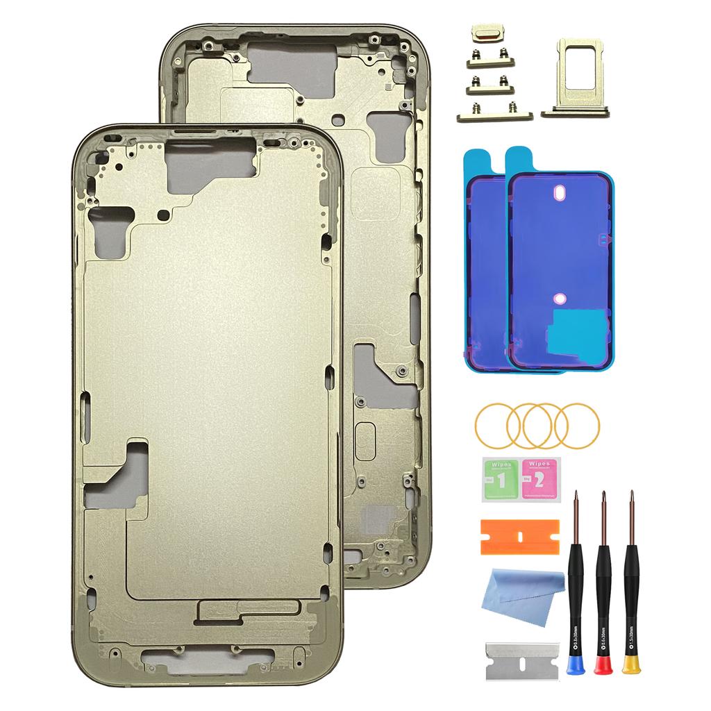Back Housing for iPhone 15 (6.1-inch) with Glass Rear Cover, Middle Frame, SIM Tray and Repair Tools