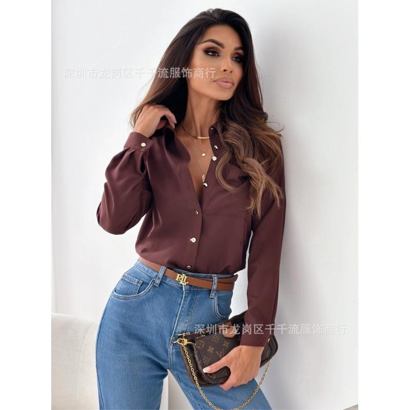 BITCED Women's Fashion Casual Solid Color Print Long Sleeve POLO Neck Blouses & Shirts Unique Design