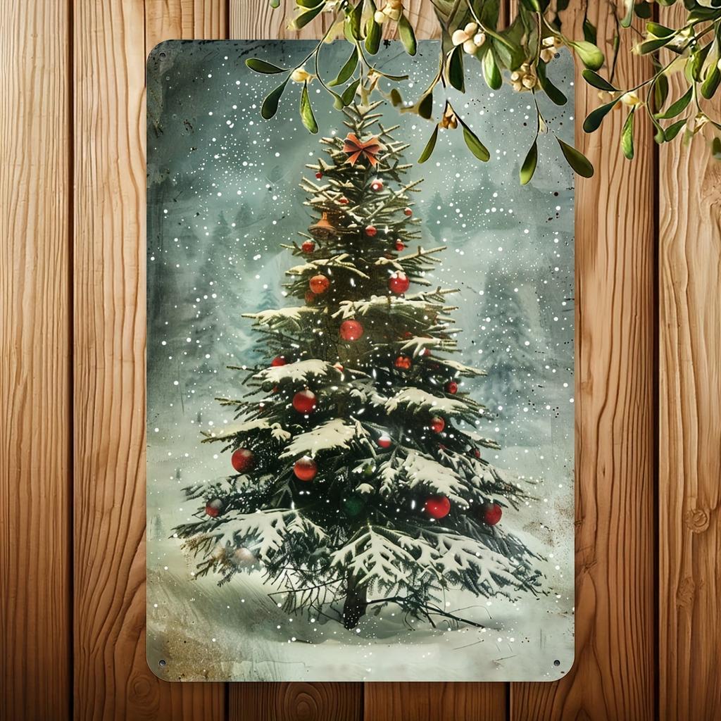 Vintage Christmas Tree Metal Tin Sign Wall Art Decor, Winter Holiday Gallery Living Room Bathroom Coffee Shop Garage Iron Foil E