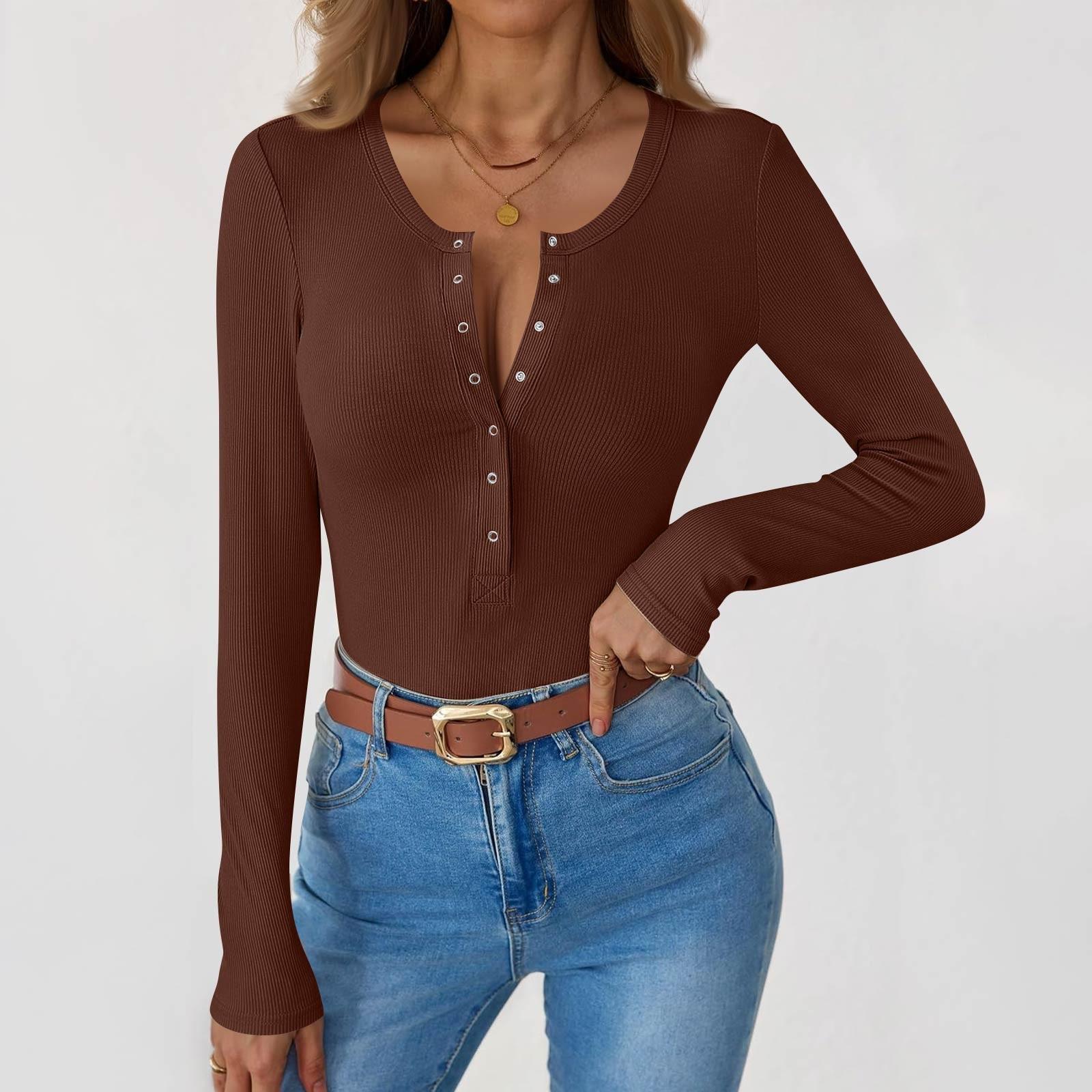 

Женская и зимняя футболка с тонким низом, модная повседневная однотонная футболка с U-образным вырезом, длинный рукав S кофейный