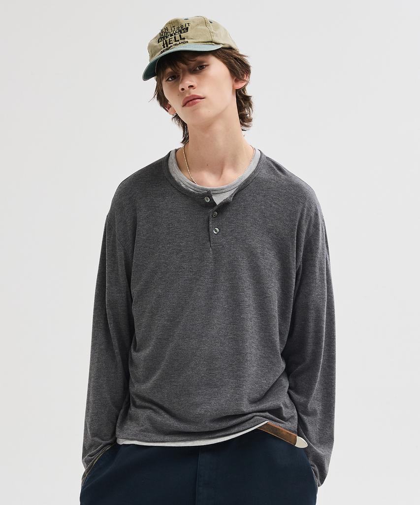 LEIRE Soft Henley Neck Long Sleeve T-Shirt [Charcoal]