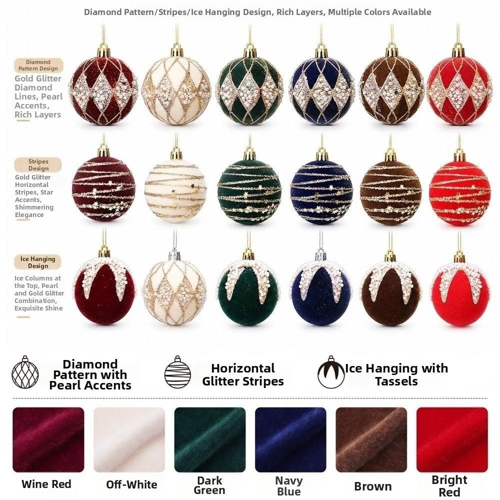 Gifts 6cm Christmas Ball Ornaments Flocked Glitter Accents Flocked Christmas Baubles Holiday Ball Ornaments Christmas Tree Decor