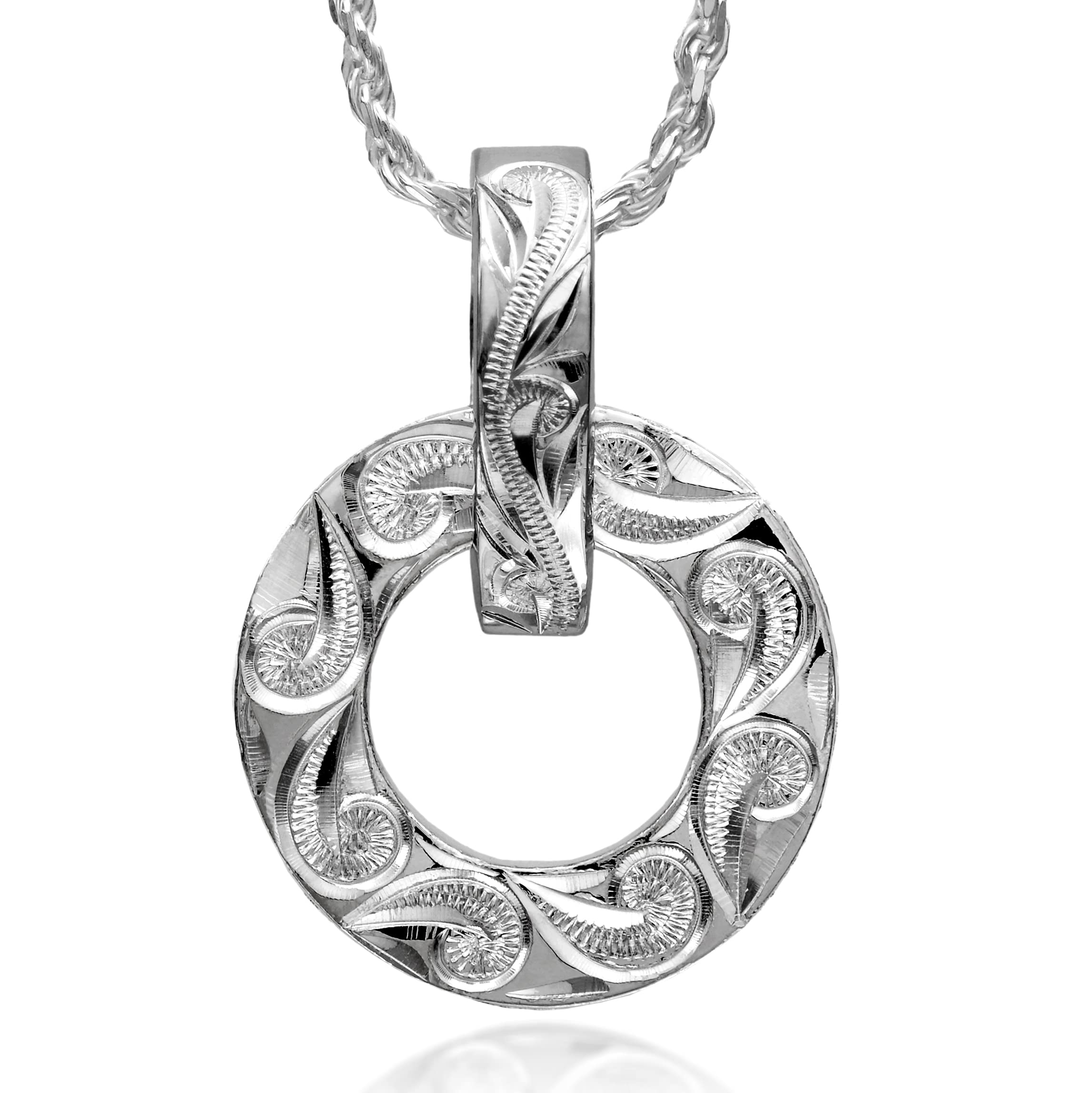 

Leilani Hawaiian Jewelry Circle Scroll (Wave) Carved Pendant Necklace for Men, 925 Sterling Silver (Includes 40cm Rope Chain)